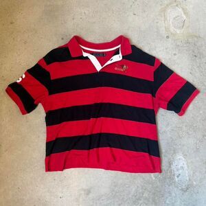 Cropped Coogi Red and Black Striped Button-Up Polo with Kangaroo Logo